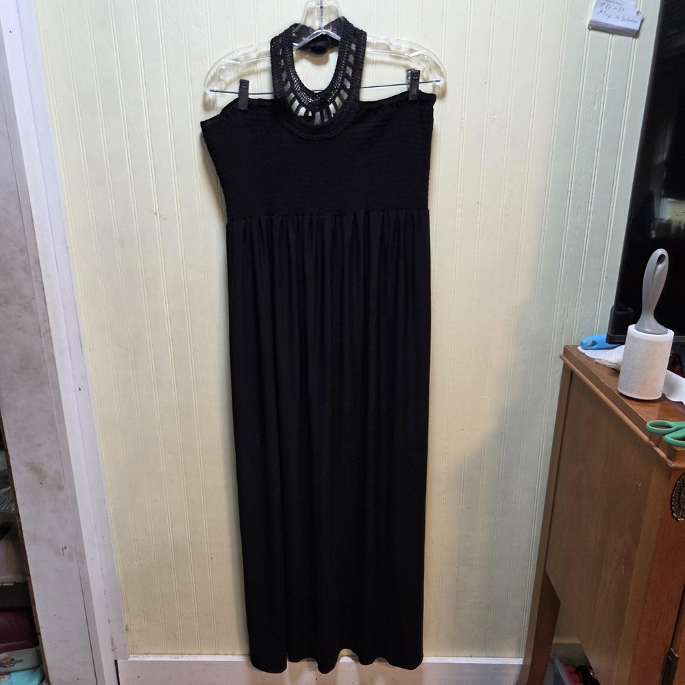 Madison Leigh Dress Womens 14 Black Smocked Halter Crochet Maxi Sundress Casual - Picture 2 of 7
